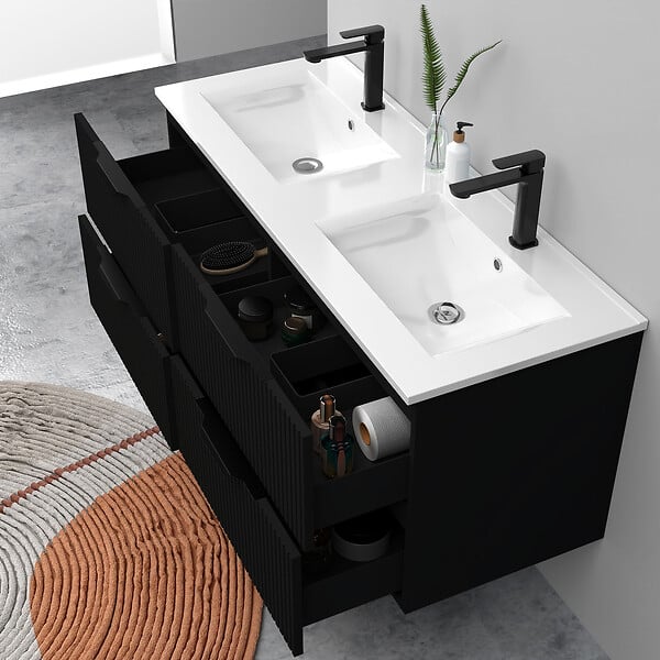 AICA SANITAIRE - Meuble de salle de bain suspendu Strié 120cm avec poignées + double vasque + 4 tiroirs, Noir - large