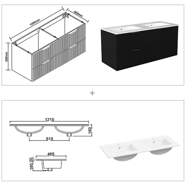 AICA SANITAIRE - Meuble de salle de bain suspendu Strié 120cm avec poignées + double vasque + 4 tiroirs, Noir - large