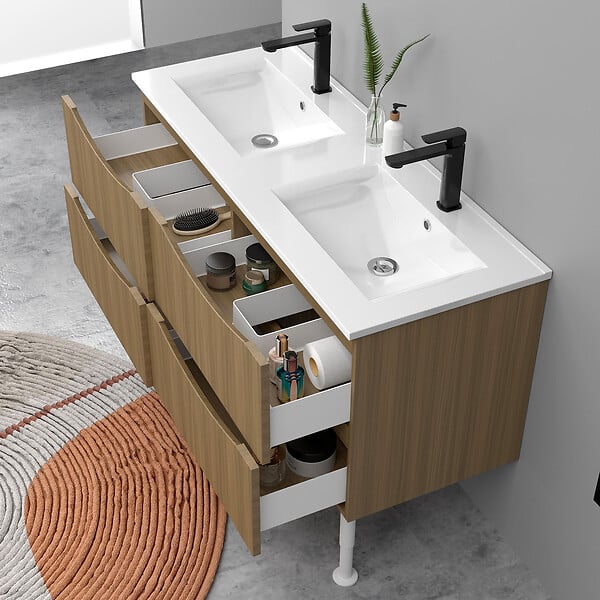 AICA SANITAIRE - Meuble de salle de bain suspendu 120cm avec pieds + double vasque + 4 tiroirs, Noyer - large