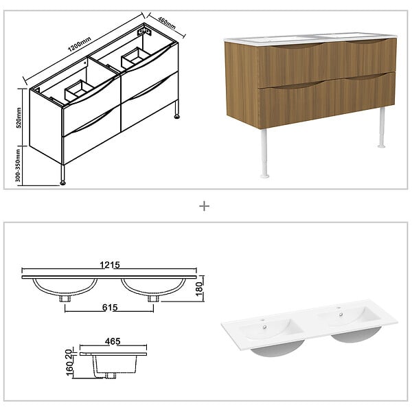 AICA SANITAIRE - Meuble de salle de bain suspendu 120cm avec pieds + double vasque + 4 tiroirs, Noyer - large