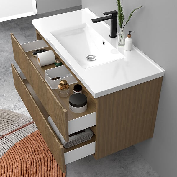 AICA SANITAIRE - Meuble de salle de bain suspendu Strié 100cm avec simple vasque + 2 tiroirs, Noyer - large