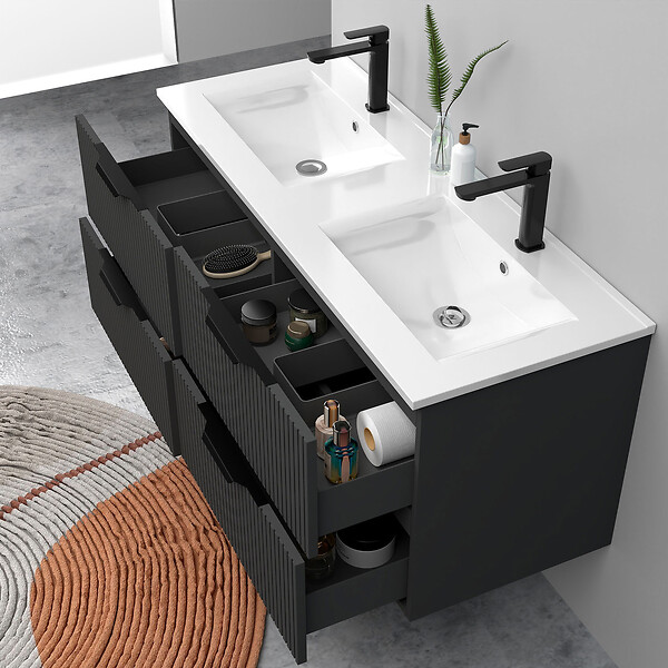 AICA SANITAIRE - Meuble de salle de bain suspendu Strié 120cm avec poignées + double vasque + 4 tiroirs, Anthracite - large