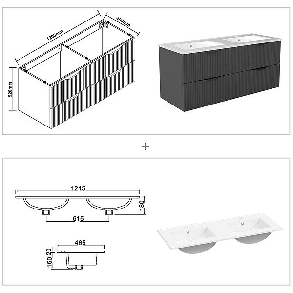 AICA SANITAIRE - Meuble de salle de bain suspendu Strié 120cm avec poignées + double vasque + 4 tiroirs, Anthracite - large