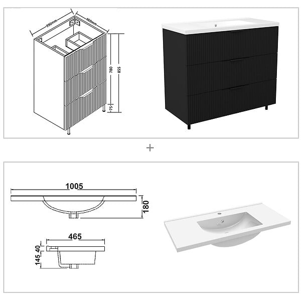 AICA SANITAIRE - Meuble de salle de bain suspendu Strié 100cm avec poignées + simple vasque + 3 tiroirs, Noir - large