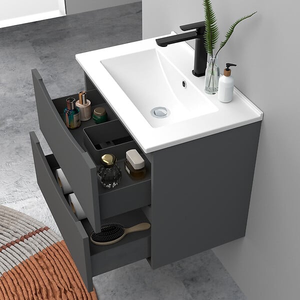 AICA SANITAIRE - Meuble de salle de bain suspendu 60cm avec simple vasque + 2 tiroirs, Anthracite - large