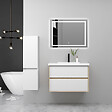 AICA SANITAIRE - AICA Ensemble Meuble Salle de Bain Suspendu 80cm, Blanc + Chêne, Meuble 2 tiroirs + Lavabo + Miroir LED + Colonne - vignette