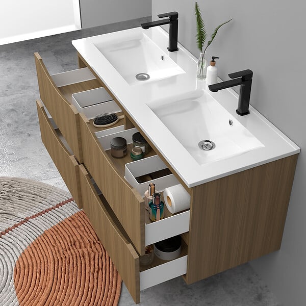 AICA SANITAIRE - Meuble de salle de bain suspendu 120cm avec double vasque + 4 tiroirs, Noyer - large