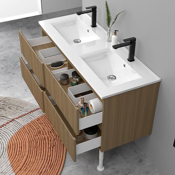 AICA SANITAIRE - Meuble de salle de bain suspendu Strié 120cm avec pieds + double vasque + 4 tiroirs, Noyer - large