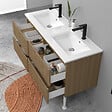 AICA SANITAIRE - Meuble de salle de bain suspendu Strié 120cm avec pieds + double vasque + 4 tiroirs, Noyer - vignette