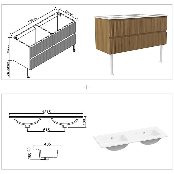 AICA SANITAIRE - Meuble de salle de bain suspendu Strié 120cm avec pieds + double vasque + 4 tiroirs, Noyer - large