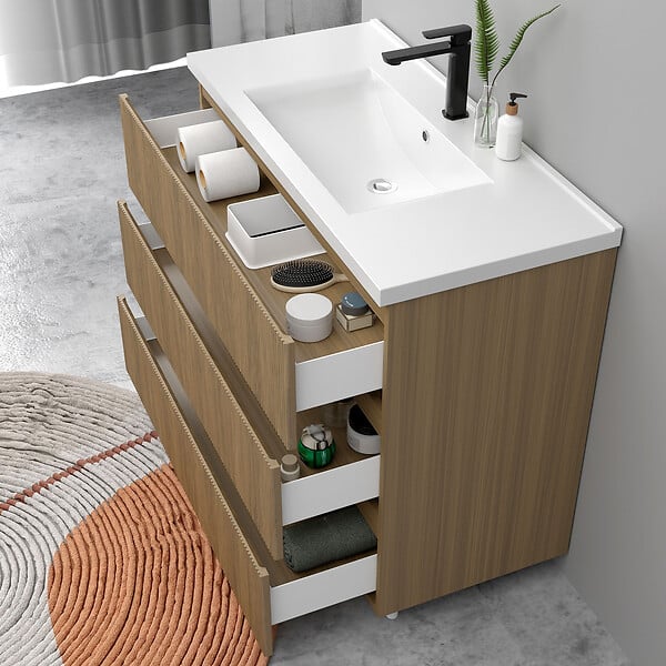 AICA SANITAIRE - Meuble de salle de bain suspendu Strié 100cm avec simple vasque + 3 tiroirs, Noyer - large