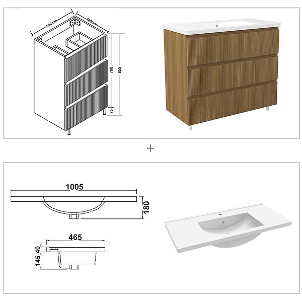 AICA SANITAIRE - Meuble de salle de bain suspendu Strié 100cm avec simple vasque + 3 tiroirs, Noyer - large
