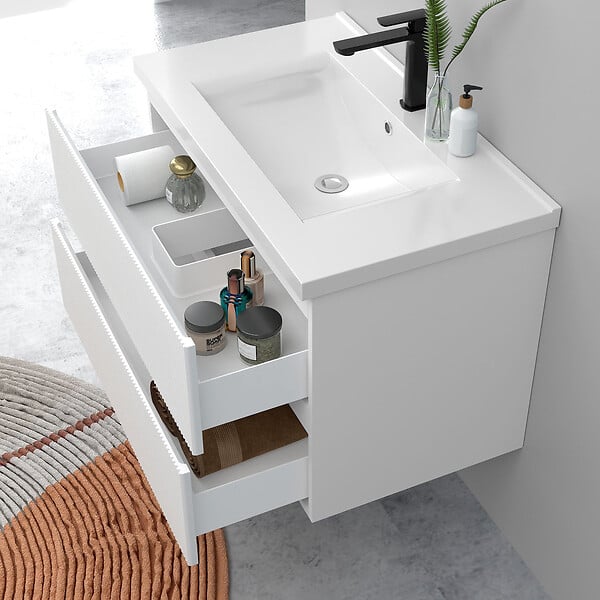 AICA SANITAIRE - Meuble de salle de bain suspendu Strié 80cm avec simple vasque + 2 tiroirs, Blanc - large