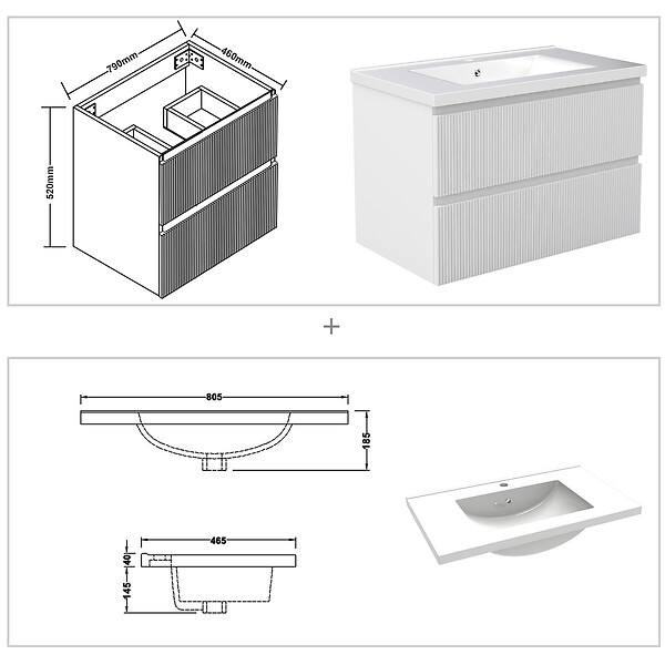 AICA SANITAIRE - Meuble de salle de bain suspendu Strié 80cm avec simple vasque + 2 tiroirs, Blanc - large