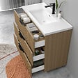 AICA SANITAIRE - Meuble de salle de bain suspendu Strié 100cm avec poignées + simple vasque + 3 tiroirs, Noyer - vignette