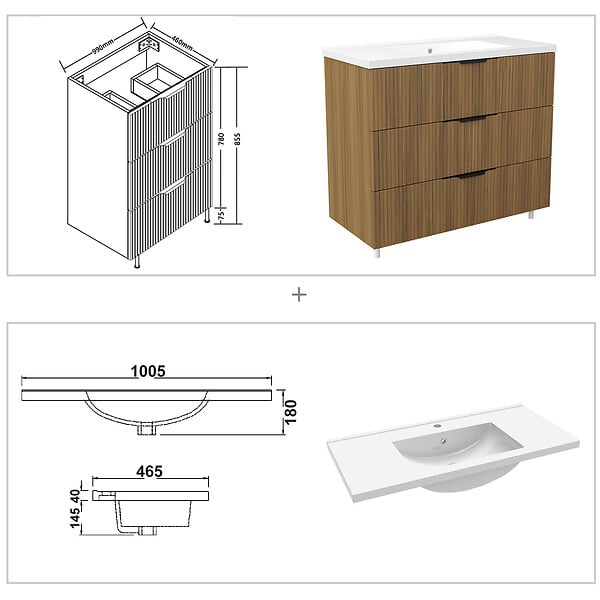 AICA SANITAIRE - Meuble de salle de bain suspendu Strié 100cm avec poignées + simple vasque + 3 tiroirs, Noyer - large