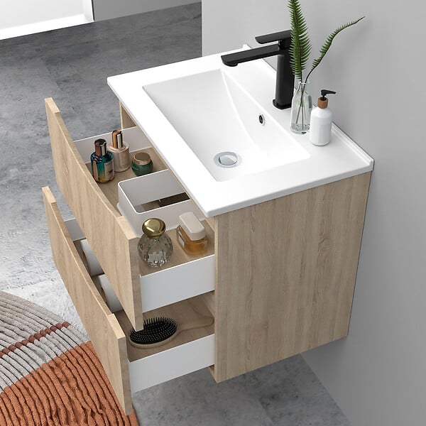 AICA SANITAIRE - Meuble de salle de bain suspendu 60cm avec simple vasque + 2 tiroirs, Chêne - large