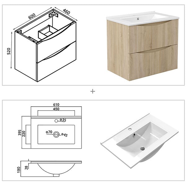 AICA SANITAIRE - Meuble de salle de bain suspendu 60cm avec simple vasque + 2 tiroirs, Chêne - large