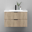 AICA SANITAIRE - Meuble de salle de bain suspendu Strié 80cm avec poignées + simple vasque + 2 tiroirs, Chêne - vignette