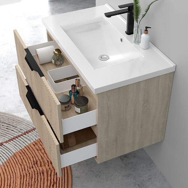 AICA SANITAIRE - Meuble de salle de bain suspendu Strié 80cm avec poignées + simple vasque + 2 tiroirs, Chêne - large