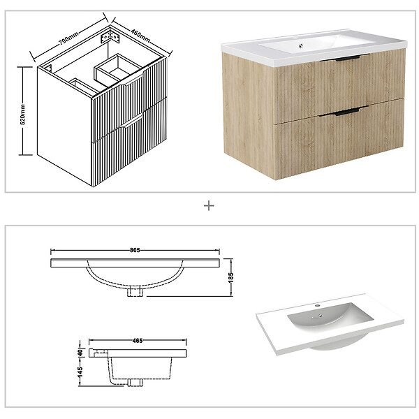 AICA SANITAIRE - Meuble de salle de bain suspendu Strié 80cm avec poignées + simple vasque + 2 tiroirs, Chêne - large