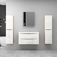 AICA SANITAIRE - AICA Ensemble Meuble Salle de Bain Brillant Suspendu 100cm, Blanc + Chêne, Meuble 2 tiroirs + Lavabo + Armoire salle de bain avec miroir + 2Colonne - vignette