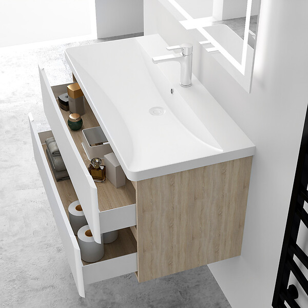 AICA SANITAIRE - AICA Ensemble Meuble Salle de Bain Brillant Suspendu 100cm, Blanc + Chêne, Meuble 2 tiroirs + Lavabo + Armoire salle de bain avec miroir + 2Colonne - large