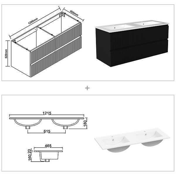 AICA SANITAIRE - Meuble de salle de bain suspendu Strié 120cm avec double vasque + 4 tiroirs, Noir - large