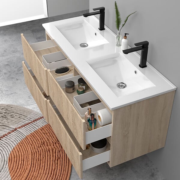 AICA SANITAIRE - Meuble de salle de bain suspendu Strié 120cm avec double vasque + 4 tiroirs, Chêne - large