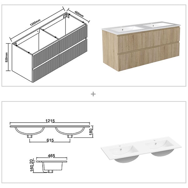 AICA SANITAIRE - Meuble de salle de bain suspendu Strié 120cm avec double vasque + 4 tiroirs, Chêne - large