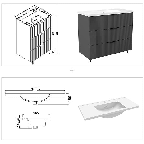 AICA SANITAIRE - Meuble de salle de bain suspendu Strié 100cm avec poignées + simple vasque + 3 tiroirs, Anthracite - large