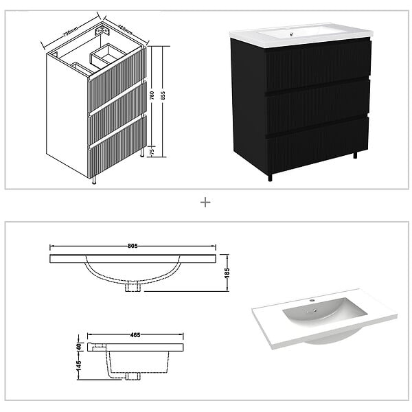 AICA SANITAIRE - Meuble de salle de bain suspendu Strié 80cm avec simple vasque + 3 tiroirs, Noir - large