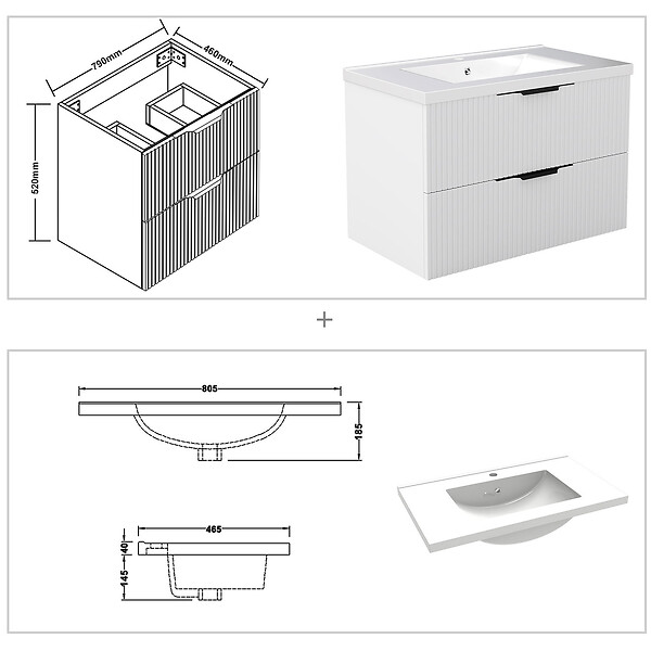 AICA SANITAIRE - Meuble de salle de bain suspendu Strié 80cm avec poignées + simple vasque + 2 tiroirs, Blanc - large