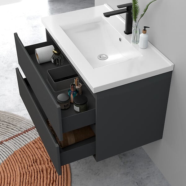 AICA SANITAIRE - Meuble de salle de bain suspendu Strié 80cm avec simple vasque + 2 tiroirs, Anthracite - large