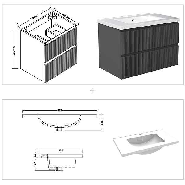 AICA SANITAIRE - Meuble de salle de bain suspendu Strié 80cm avec simple vasque + 2 tiroirs, Anthracite - large