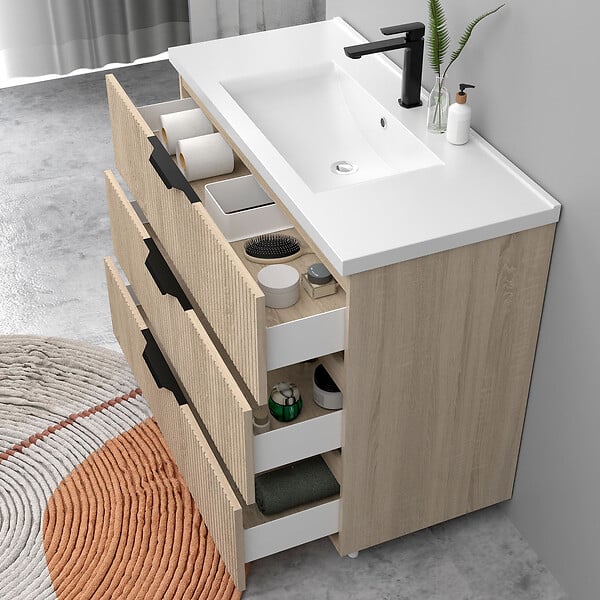 AICA SANITAIRE - Meuble de salle de bain suspendu Strié 100cm avec poignées + simple vasque + 3 tiroirs, Chêne - large