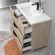 AICA SANITAIRE - Meuble de salle de bain suspendu Strié 100cm avec poignées + simple vasque + 3 tiroirs, Chêne - vignette