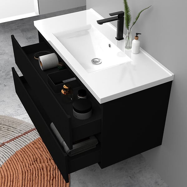 AICA SANITAIRE - Meuble de salle de bain suspendu Strié 100cm avec simple vasque + 2 tiroirs, Noir - large