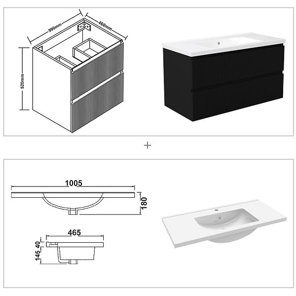 AICA SANITAIRE - Meuble de salle de bain suspendu Strié 100cm avec simple vasque + 2 tiroirs, Noir - large