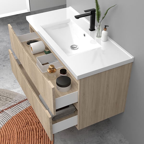AICA SANITAIRE - Meuble de salle de bain suspendu 100cm avec simple vasque + 2 tiroirs, Chêne - large