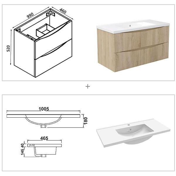 AICA SANITAIRE - Meuble de salle de bain suspendu 100cm avec simple vasque + 2 tiroirs, Chêne - large