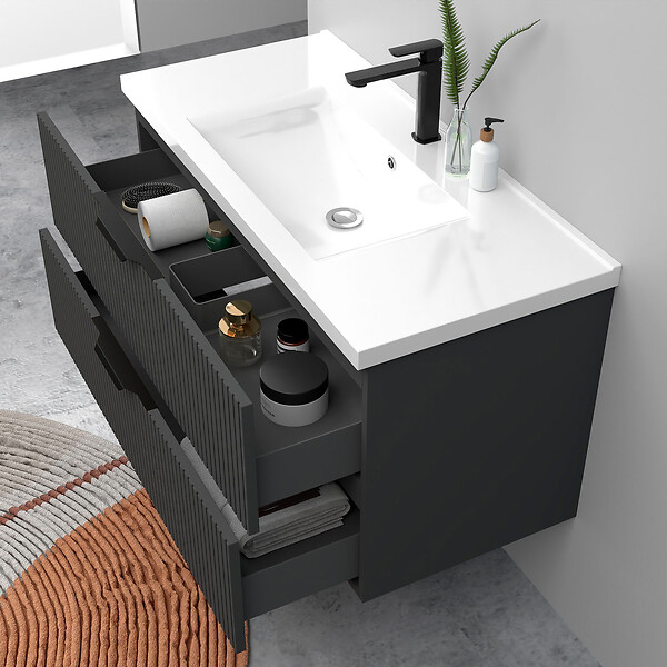 AICA SANITAIRE - Meuble de salle de bain suspendu Strié 100cm avec poignées + simple vasque + 2 tiroirs, Anthracite - large