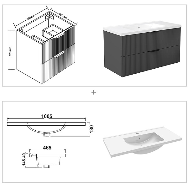 AICA SANITAIRE - Meuble de salle de bain suspendu Strié 100cm avec poignées + simple vasque + 2 tiroirs, Anthracite - large