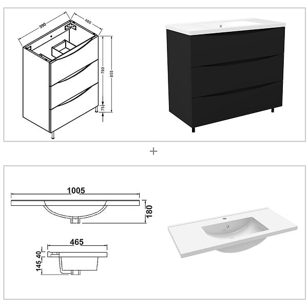AICA SANITAIRE - Meuble de salle de bain suspendu 100cm avec simple vasque + 3 tiroirs, Noir - large