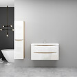 AICA SANITAIRE - AICA Ensemble Meuble Salle de Bain Brillant Suspendu 100cm, Blanc + Chêne, Meuble 2 tiroirs + Lavabo + Colonne - vignette