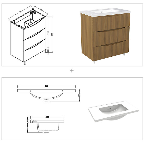 AICA SANITAIRE - Meuble de salle de bain suspendu 80cm avec simple vasque + 3 tiroirs, Noyer - large