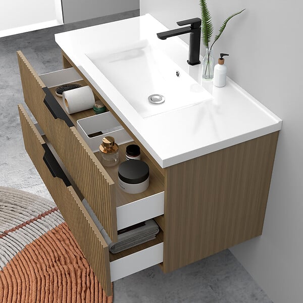 AICA SANITAIRE - Meuble de salle de bain suspendu Strié 100cm avec poignées + simple vasque + 2 tiroirs, Noyer - large