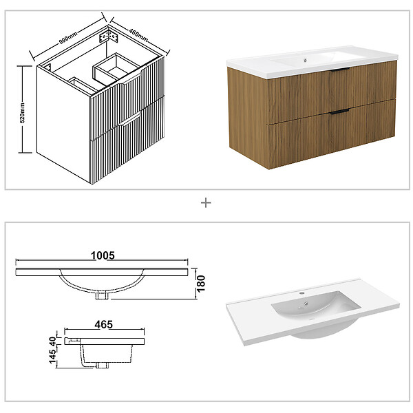 AICA SANITAIRE - Meuble de salle de bain suspendu Strié 100cm avec poignées + simple vasque + 2 tiroirs, Noyer - large
