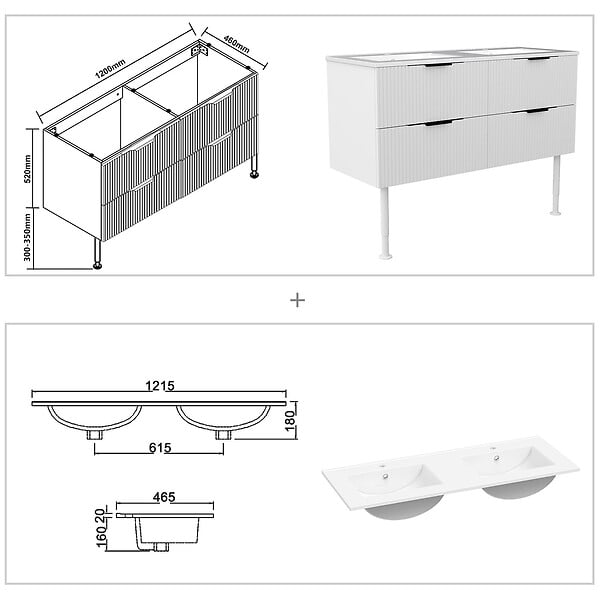 AICA SANITAIRE - Meuble de salle de bain suspendu Strié 120cm avec pieds +  poignées + double vasque + 4 tiroirs, Blanc - large
