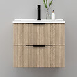 AICA SANITAIRE - Meuble de salle de bain suspendu Strié 60cm avec poignées + simple vasque + 2 tiroirs, Chêne - vignette